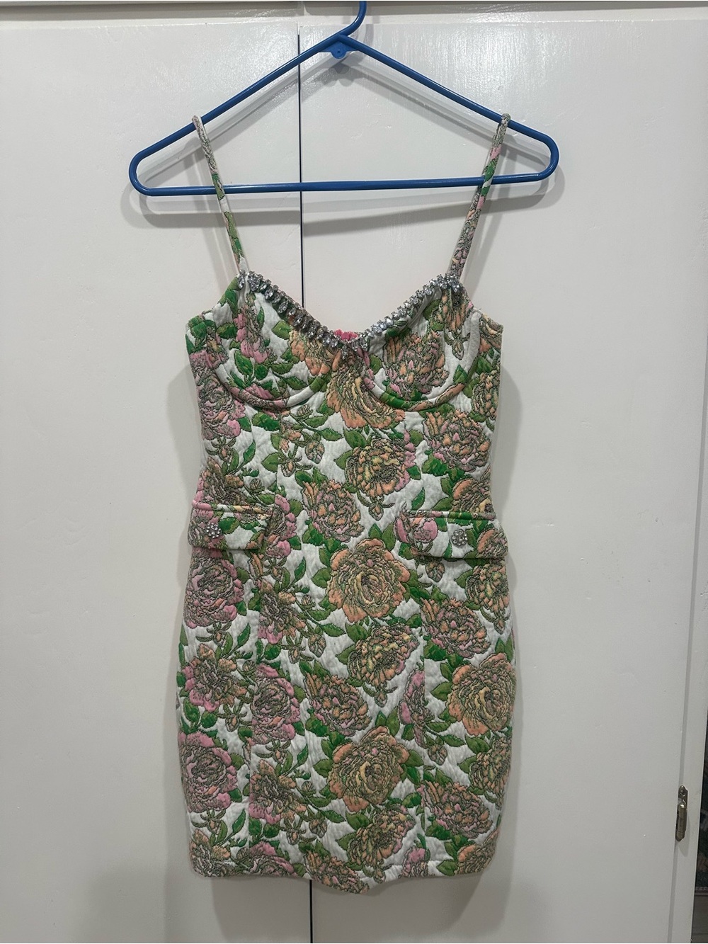 Zara Floral Quilted Spaghetti-Strap Mini Dress - Green & Pink